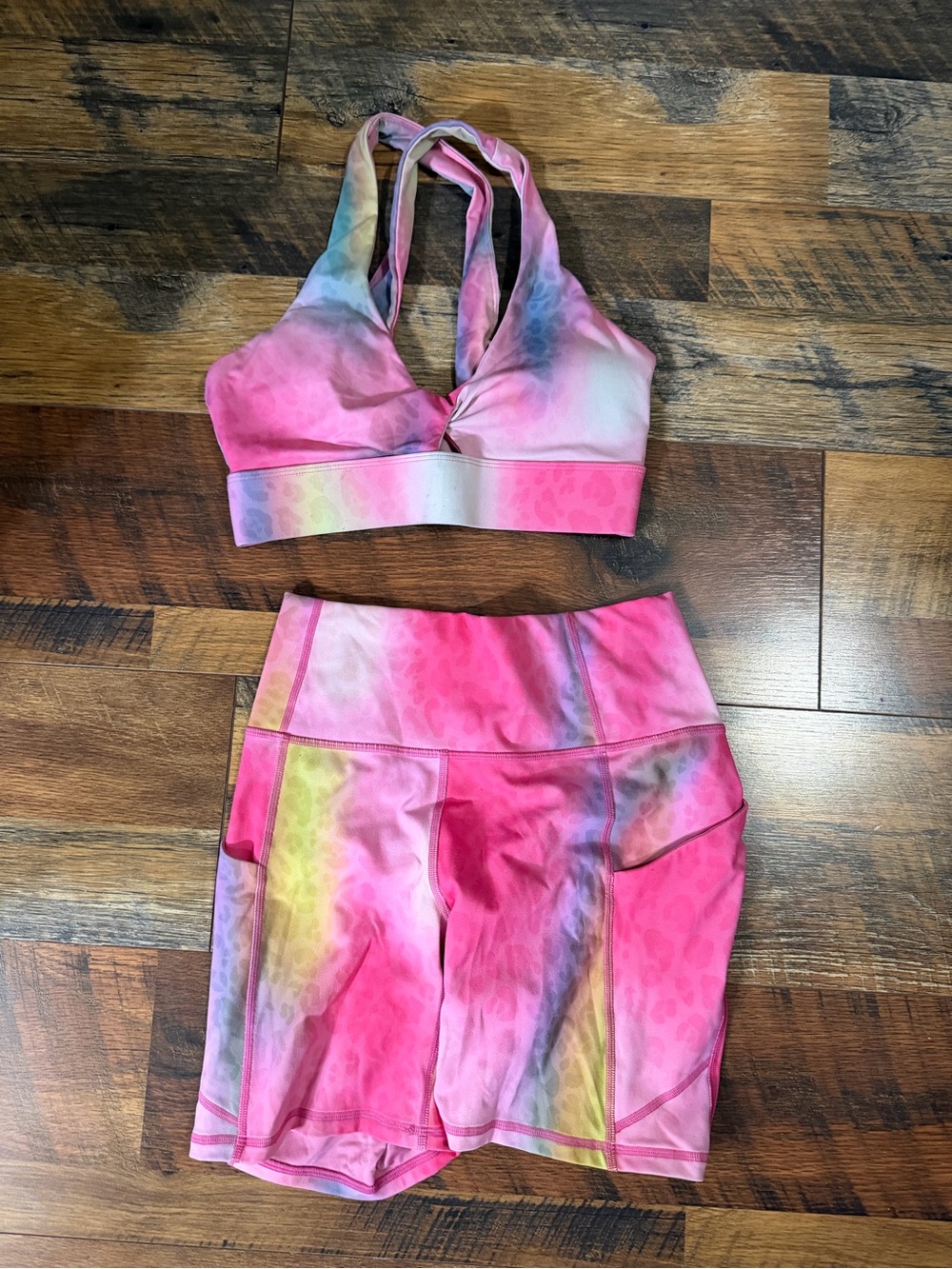 Fabletics Pink Multi Tie-Dye Sports Bra and Active Shorts Set